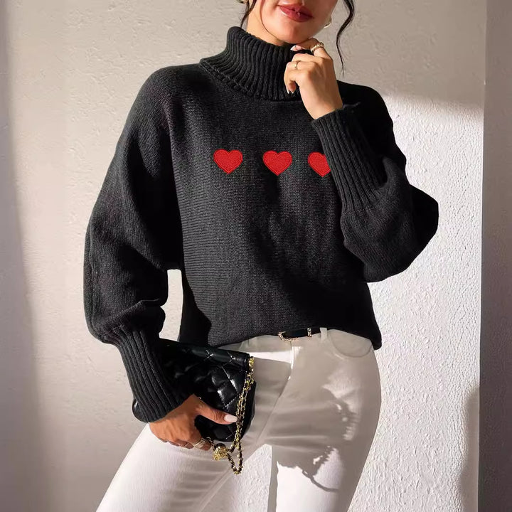 Dame Oversized Strikpullover med Rullekrave og Hjertemotiv Stilla