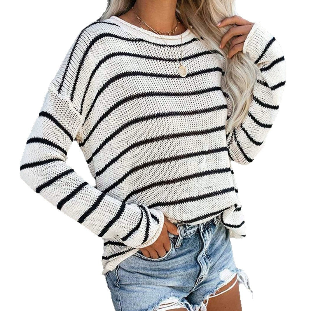 Dame afslappet strikket sweater med løs pasform og stribemønster Stilla
