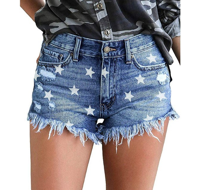 Dame Jeans-Shorts med stjernedesign og frynset søm Stilla