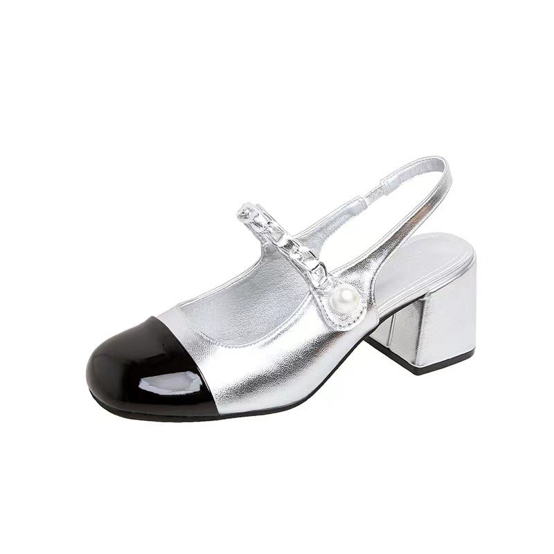 Dame Elegant Slingback Blokhæls Pumps med dekorativ kæde Detalje Stilla