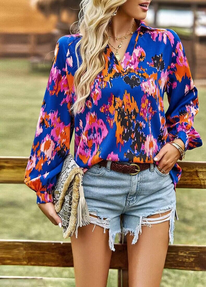 Dame Vibrant Trykt Bluse med Ballonærmer Stilla