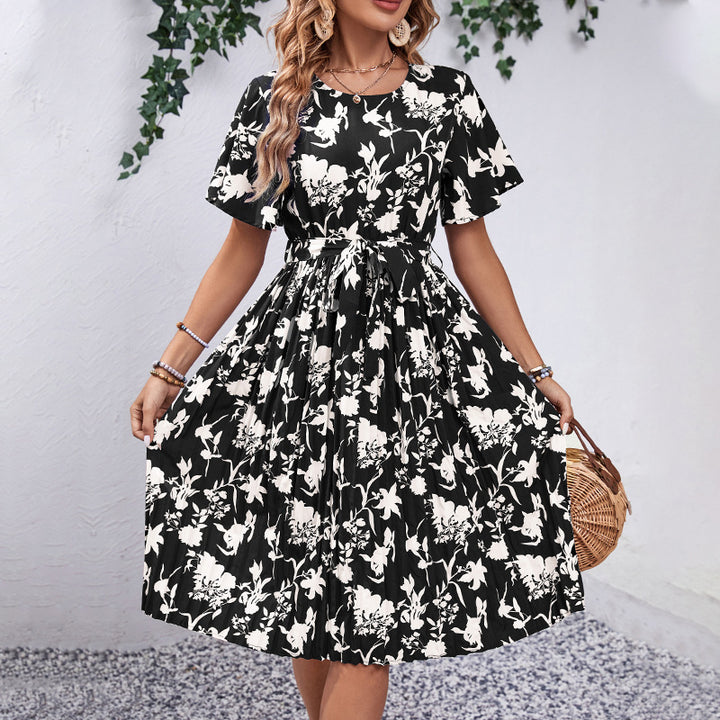 Dame Floral Print Bindebælte Midi Kjole Stilla