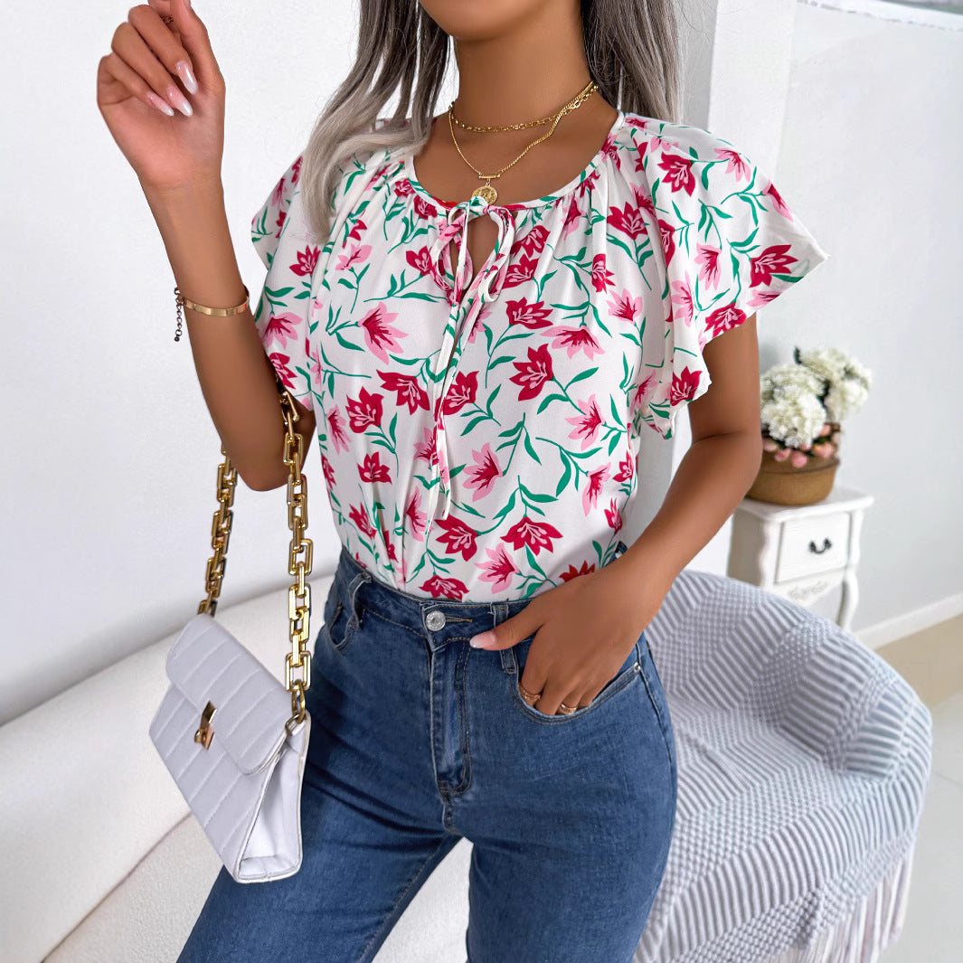 Damebluse med blomsterprint og elastiske ærmer Stilla