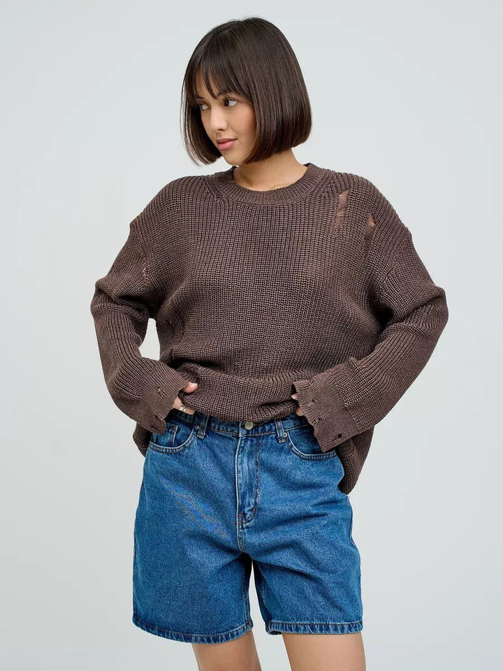 Dame afslappet striktrøje med trendy vaffelmønster og mode cut-out dekorationer Stilla