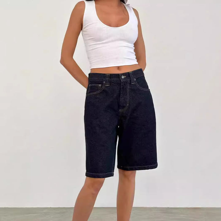 Dame afslappede Denim-shorts med bred pasform og høje sidelommer Skovae