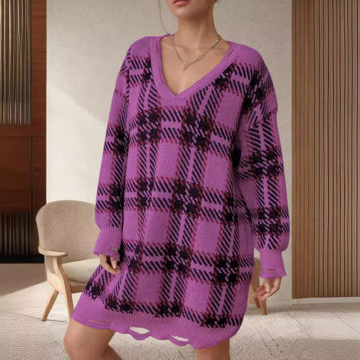 Kvinder Oversized V-hals Sweater med Tjekket Mønster Stilla