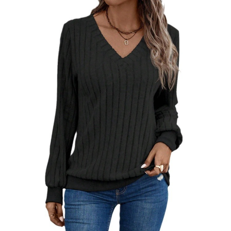 Dame afslappet V-hals sweater med ribstruktur Stilla