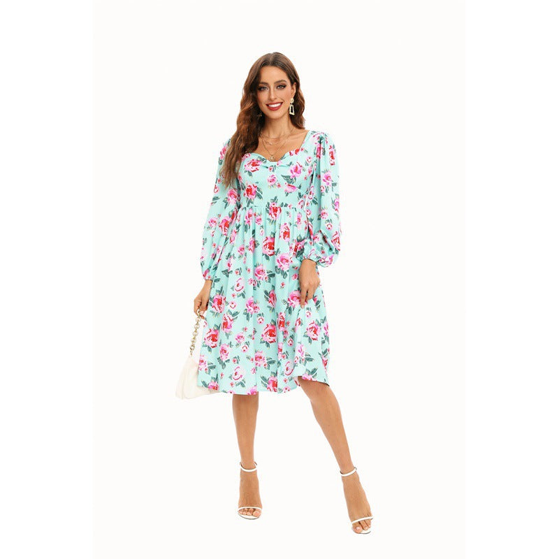 Dame Floral Midi Kjole med Puffærmer Stilla