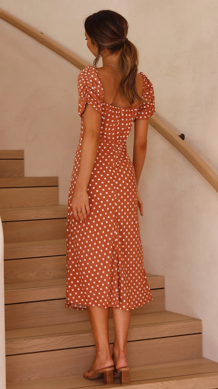 Femme Elegante Polka Dot Midi Kjole med Puffærmer Stilla
