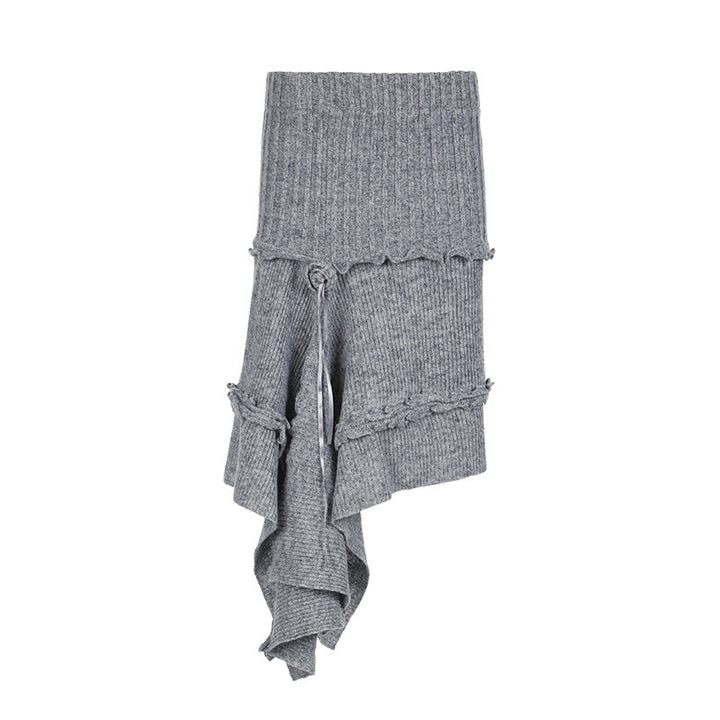 Damen asymmetrischer Strickrock mit dekorativen Fransen und elastischem Bund Skovae
