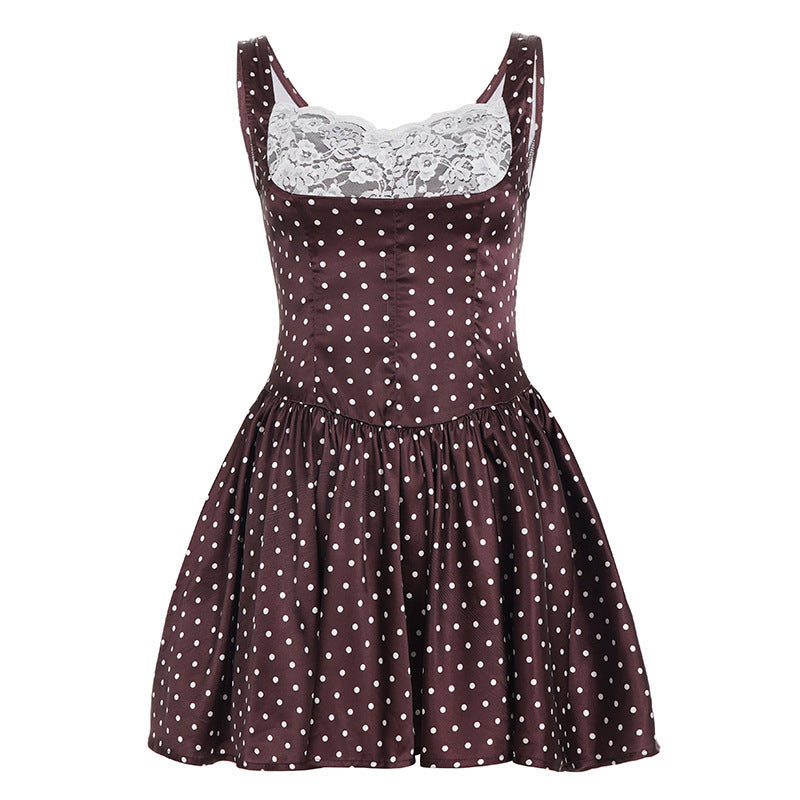 Damen Retro Polka-Dot Kleid mit Spitzen-Overlay Skovae