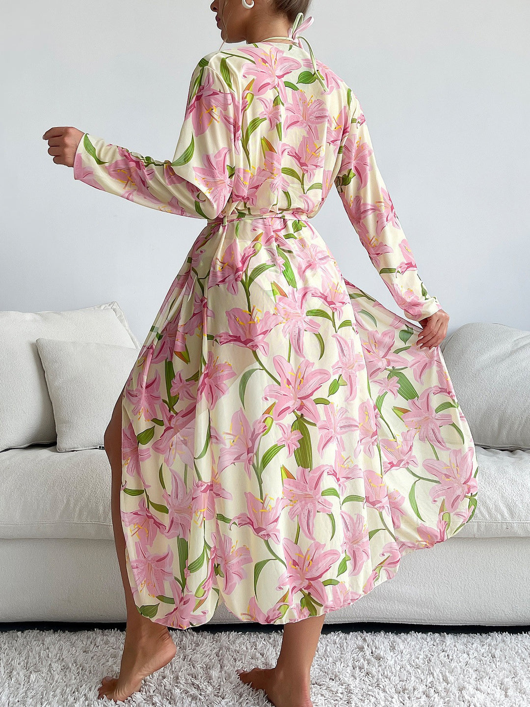 Dame Strandkimono med blomsterdesign og transparent stof Stilla