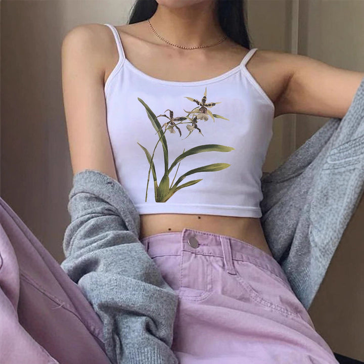 Dame Crop-Top med blomsterdesign og smalle stropper Skovae