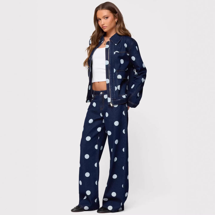 Dame Polka-Dot Denim-Sæt med afslappet snit og trendy detaljer Skovae