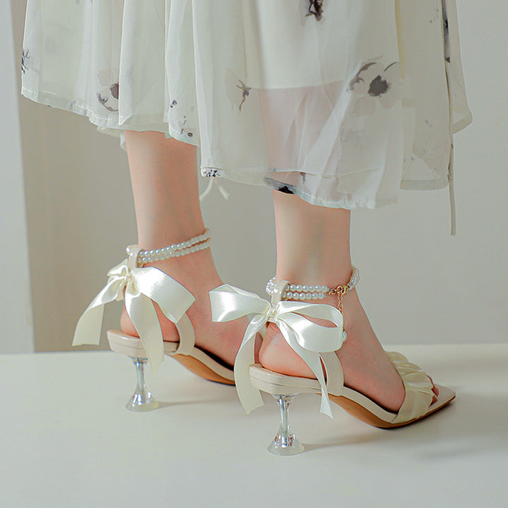 Dame Elegant Volant Blokhæl Sandaler med Perle Accent Stilla