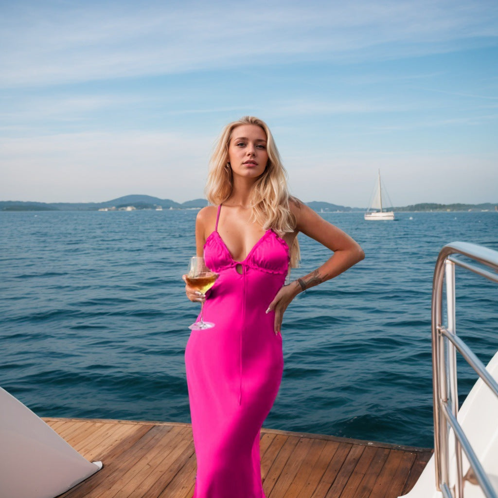 Kvinder Aften Kjole med Dyb V-Hals og Elegante Flæse Detaljer Stilla