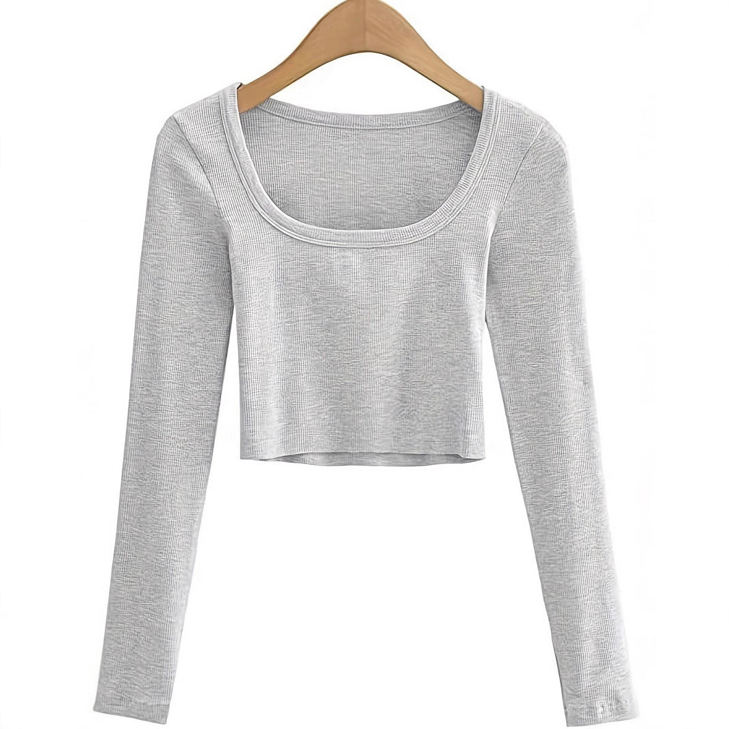Dame Langærmet Cropped Top med Rundhalsetud og struktureret overflade Stilla