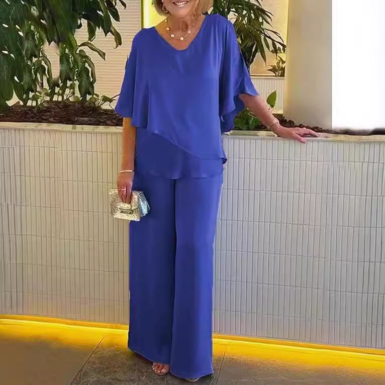 Dame elegant kombination af flydende overdel og vide buksedesign Stilla