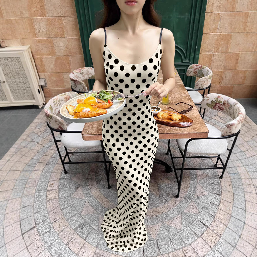 Damer Polka-Dots Maxikjole med spaghetti-stropper og elegant snit Skovae