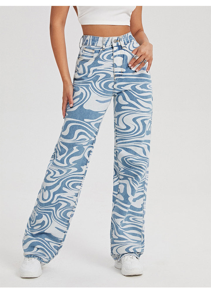 Dame Løse Denim-Bukser med kunstnerisk mønster og høj talje Stilla