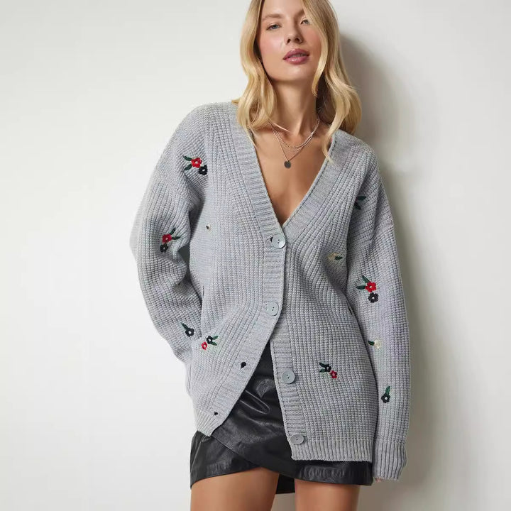 Dame strikjakke med floret broderedesign og komfortabel pasform Stilla