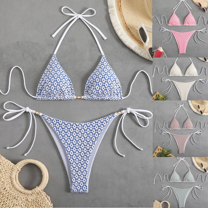 Dame Triangel Bikini Sæt med justerbare Bindebånd og blomster mønster Stilla