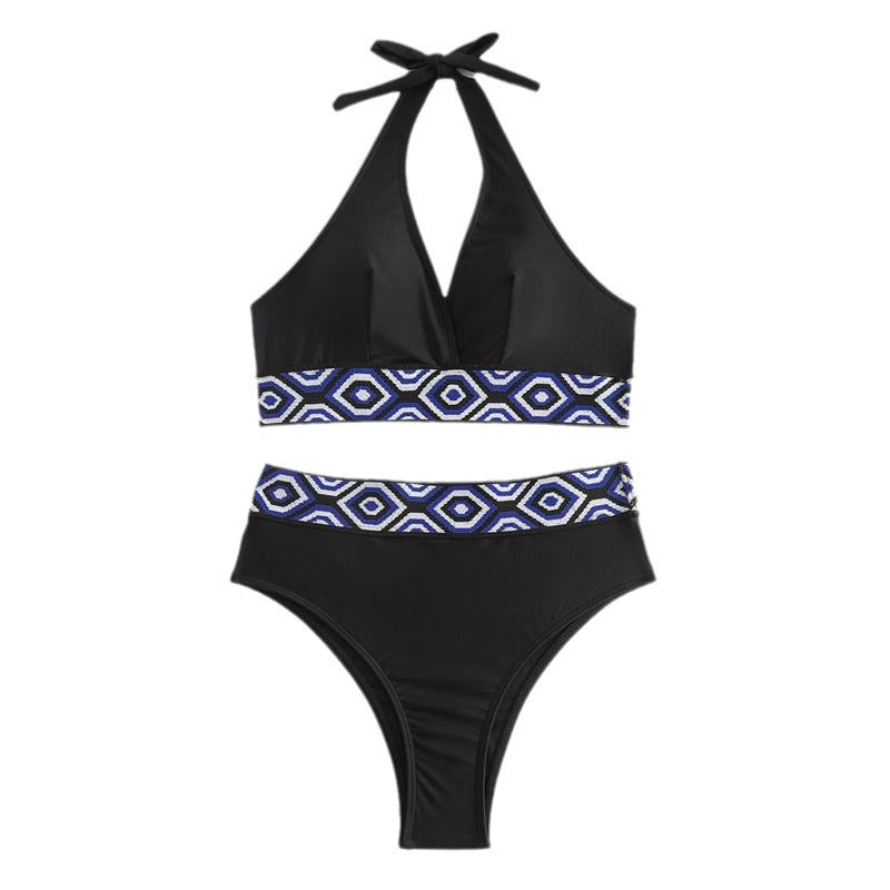 Dame højskåret bikini-sæt med geometrisk mønster og asymmetrisk design Stilla