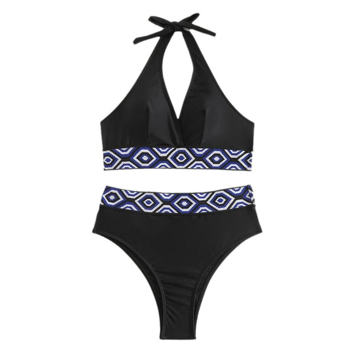 Dame højskåret bikini-sæt med geometrisk mønster og asymmetrisk design Stilla