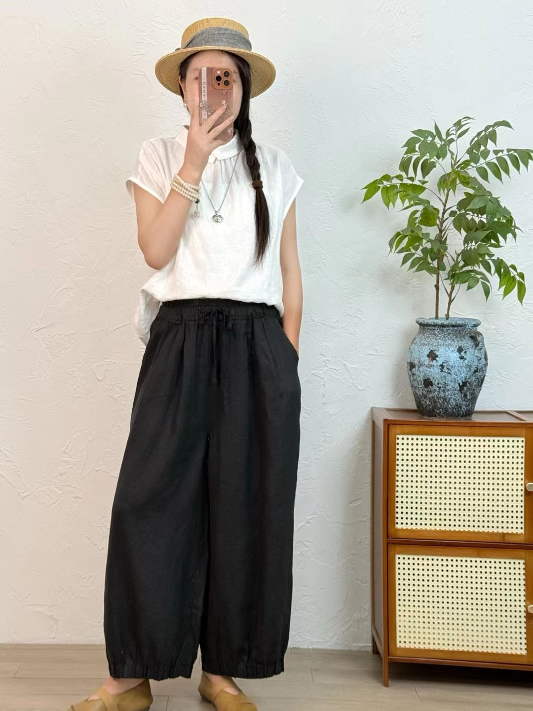 Dame Casual Højtaljede Linned-Culottes med elastiske Ankelslutninger Stilla