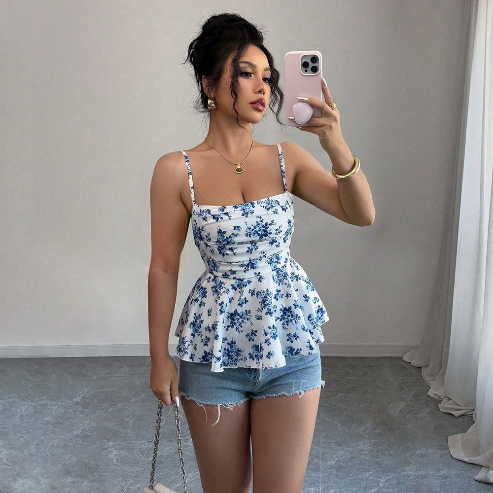 Kvindernes elegante bluse top med blomsterdesign og peplum snit Stilla