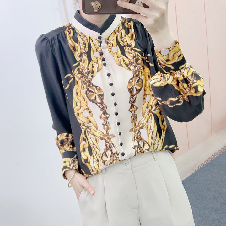 Dame chiffon-bluse med kunstnerisk kædemønster og elegante flæsedetaljer Stilla