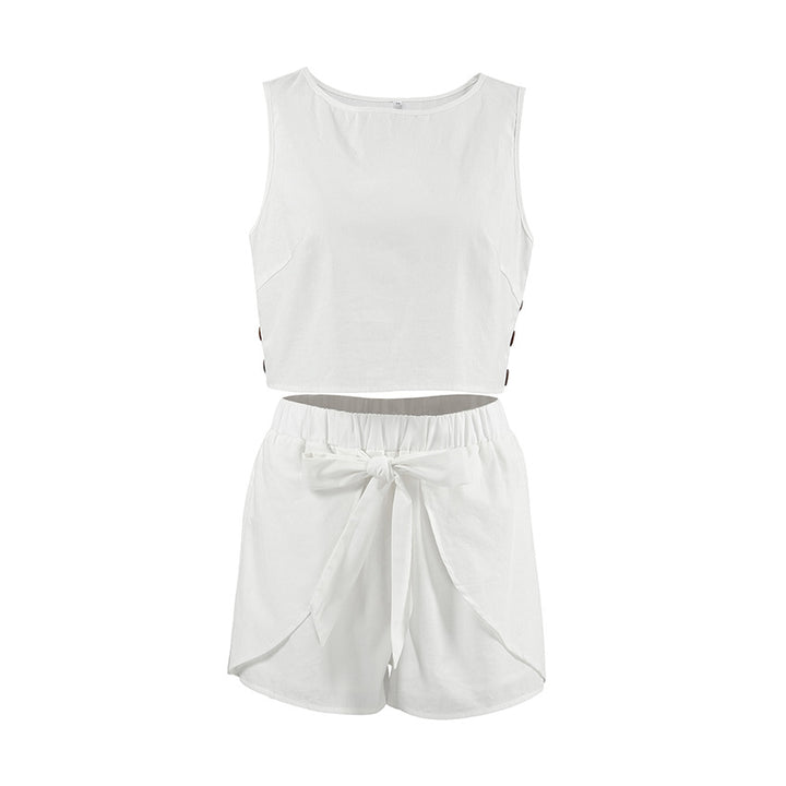 Dame Crop-Top og Shorts-sæt med knapdetaljer og elastisk liv Stilla