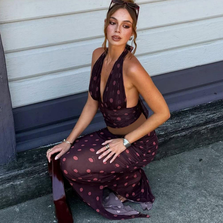 Dame Elegant Maxi kjole i Polka Dots design med dyb V-hals og figursyet silhuet Skovae