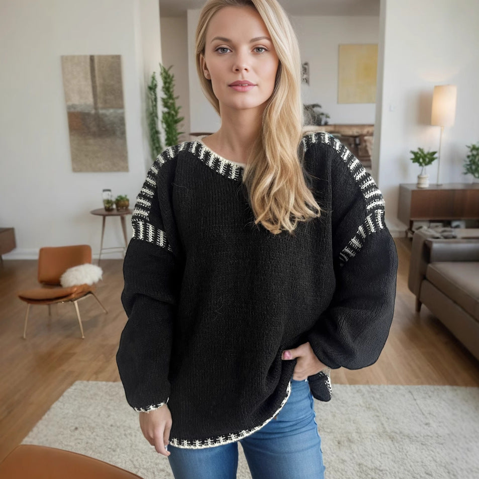 Kvinders chunky strikpullover med en afslappet pasform og stribede ærmer Stilla
