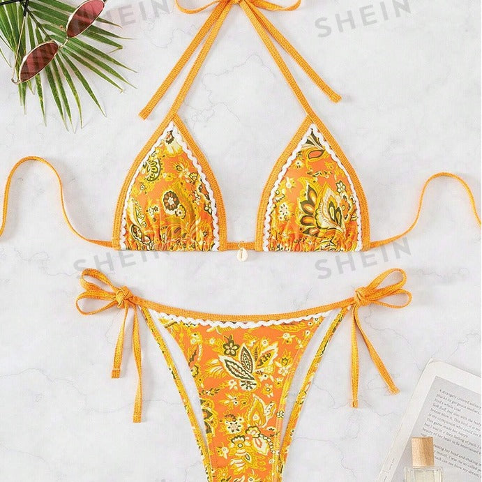 Dame triangel-bikini-sæt med florale accenter og justerbare stropper Stilla