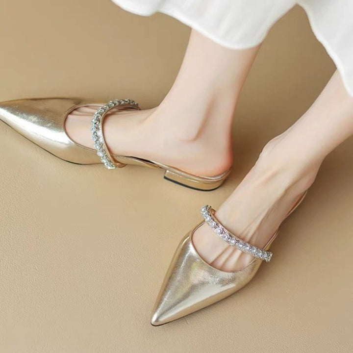 Dame Spids-Tå Slip-On Mules med Strassrem Stilla