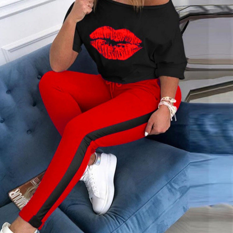 Dame Casual Grafik Læbe-tryk Top og Track Pant Sæt Stilla