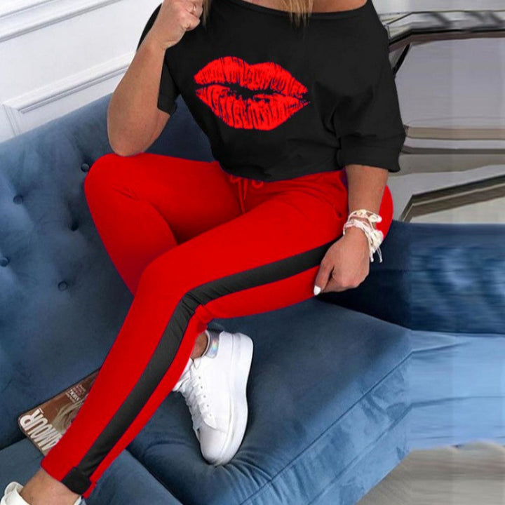 Dame Casual Grafik Læbe-tryk Top og Track Pant Sæt Stilla