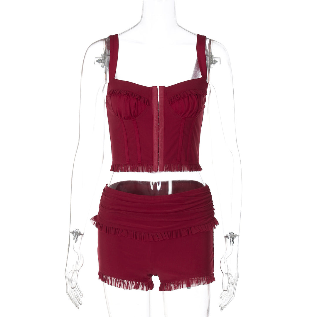Dame Crop Top og Shorts Sæt med Rüschen og tætsiddende design Stilla