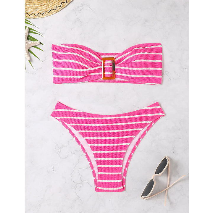 Dame Stribet Bandeau Bikini-Sæt med Dekorativ Spænde Stilla