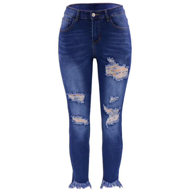 Dame højtaljede rippede jeans med frynset søm og moderne brugt-look Stilla