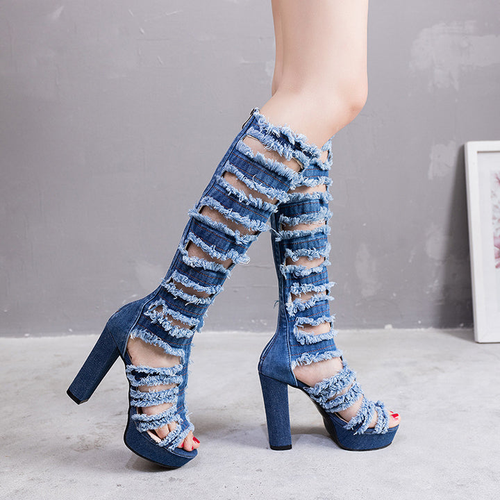 Dame Overknee-støvler med trendy denim-design og stilfuld cut-out-stil Stilla