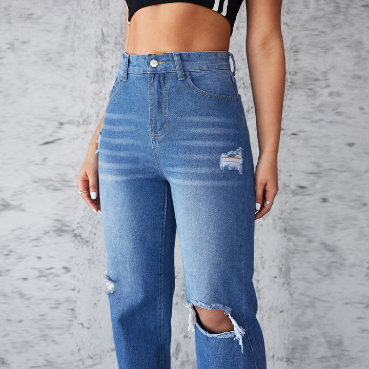 Dame High-Waist jeans med bred ben og ripped-detaljer Stilla