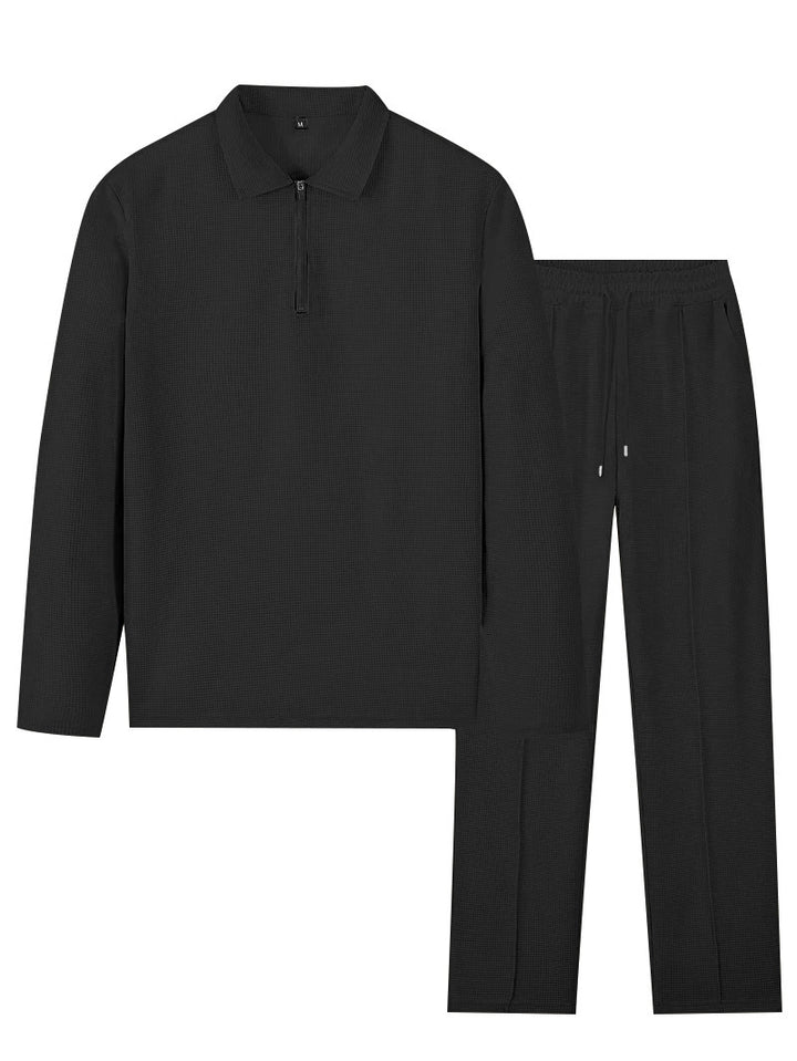 Unisex nan Vaffelstruktur Fritids-sæt med Halvzip-Polo-shirt og elastisk Bundbukser Skovae