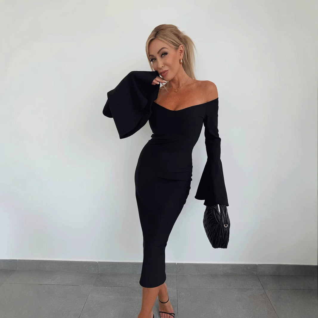 Dame Off-Shoulder Midi-Kjole med Trompetærmer Stilla