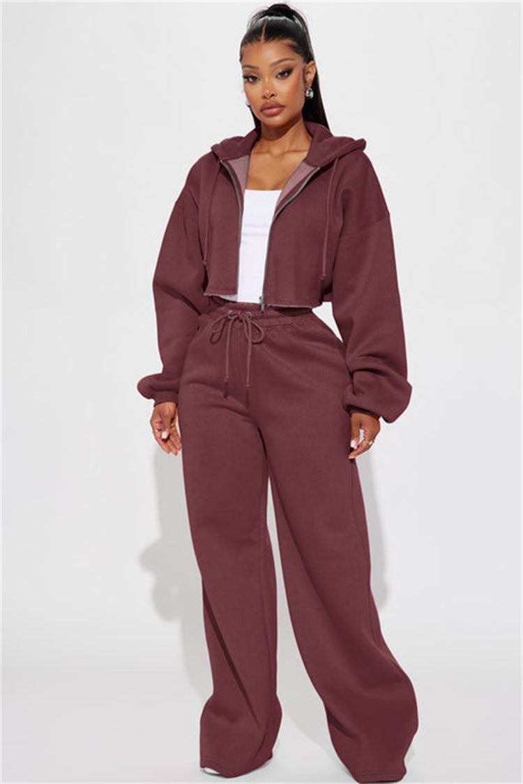 Kvinder casual cropped hoodie og brede joggingbukser sæt Skovae