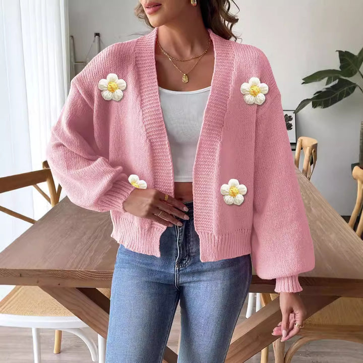 Damer afslappet strik cardigan med blomsterdetaljer og bred pasform Stilla