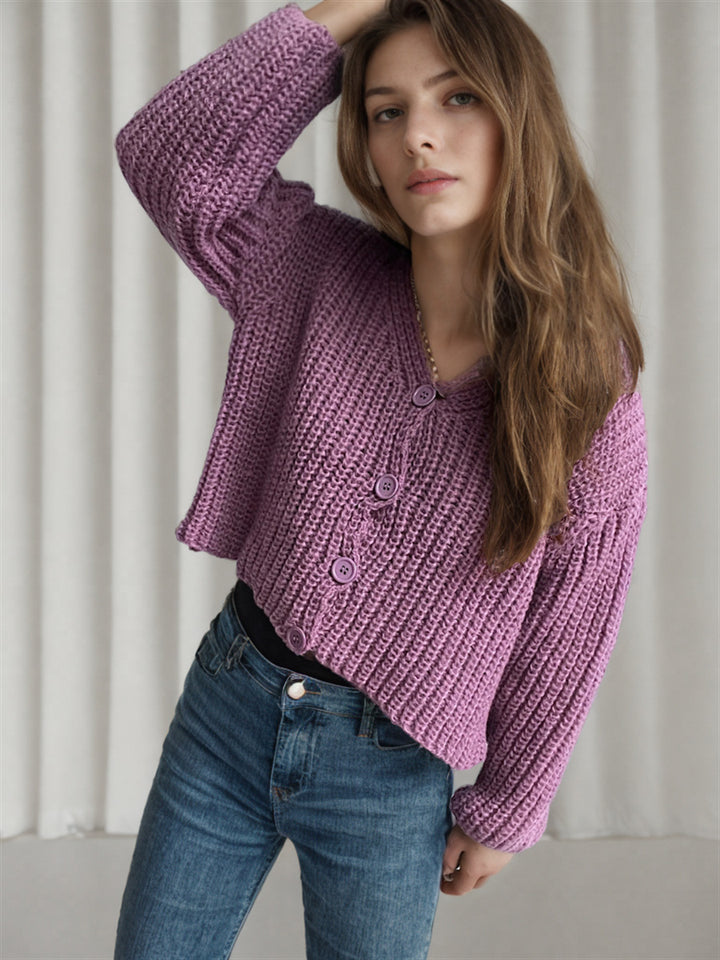 Kvinders cropped cardigan med chunky strikstruktur og store knapper Stilla