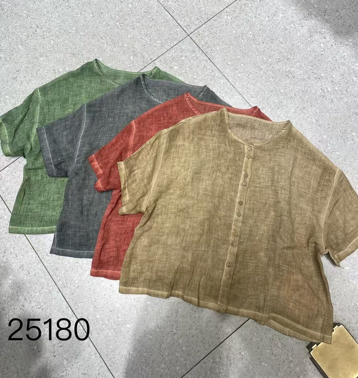 Femme Kortærmet-Linned-Knap-Op-Bluse Stilla