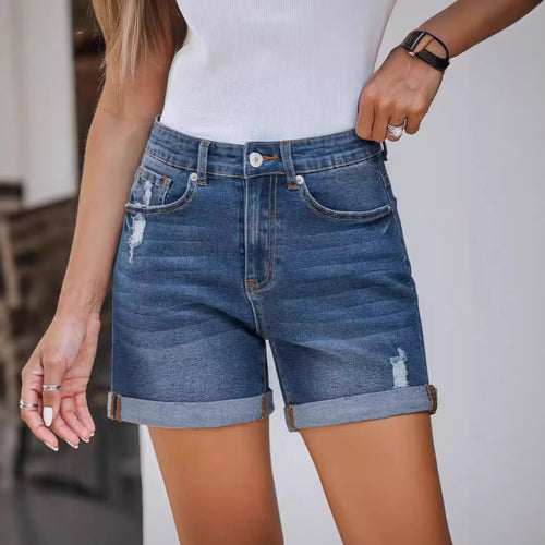 Dame denim shorts i afslappet stil med fashionable rivdetailer Skovae